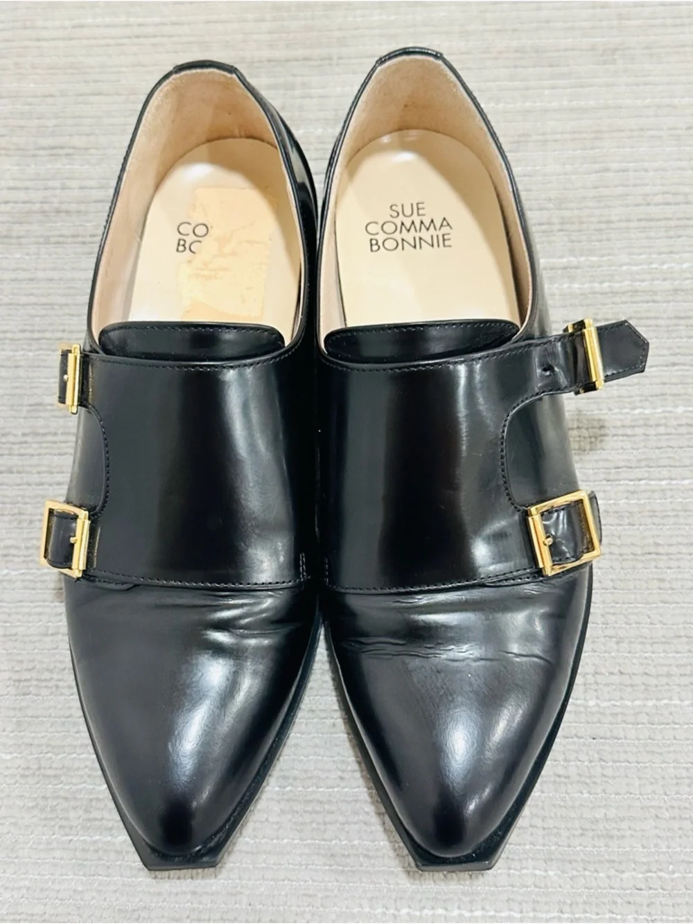 Suecomma Bonnie Black‎ Leather Double Monk Strap Flats Shoes - Size 6